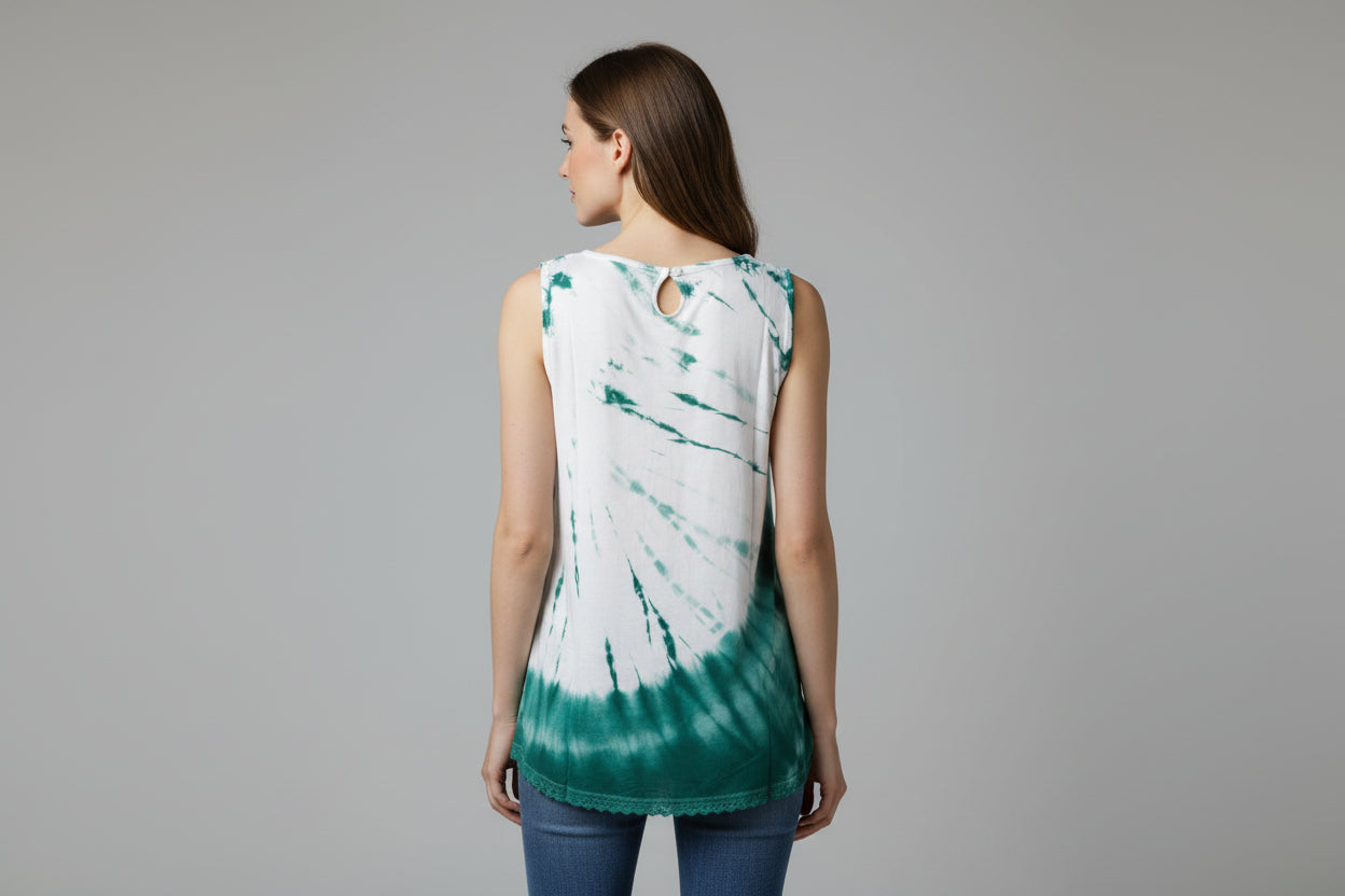 Yak & Yeti Soft Tie Dye Tank Top with Lace Hemline and Keyhole Back. Sizes S,M,L