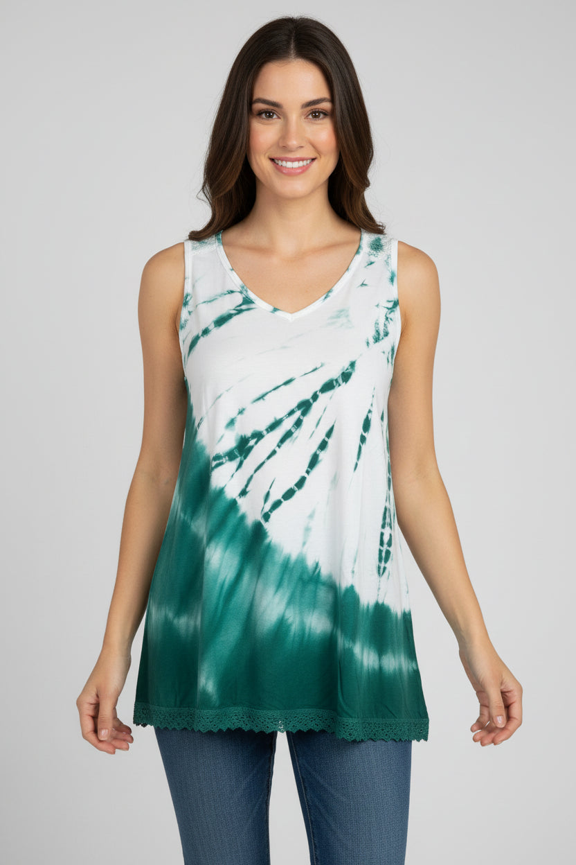 Yak & Yeti Soft Tie Dye Tank Top with Lace Hemline and Keyhole Back. Sizes S,M,L
